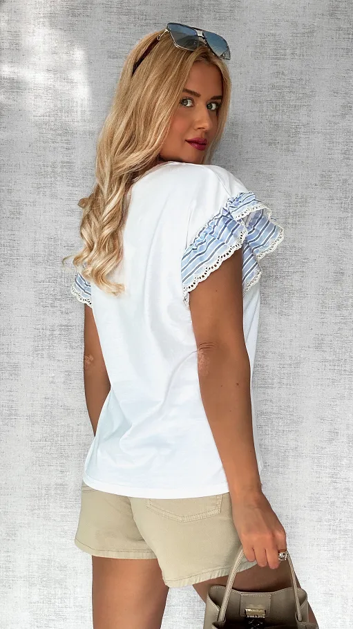 Biała bluzka t-shirt z niebieskimi dodatkami ONE SIZE - P772A