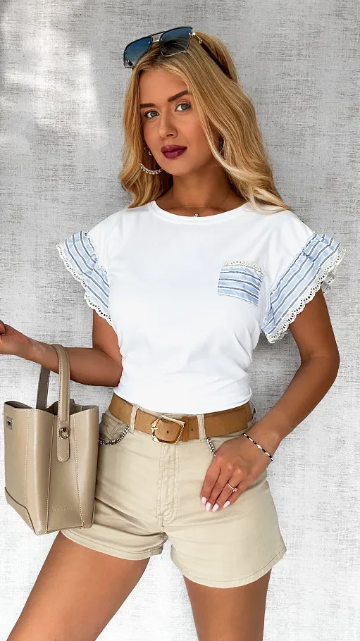 Biała bluzka t-shirt z niebieskimi dodatkami ONE SIZE - P772A
