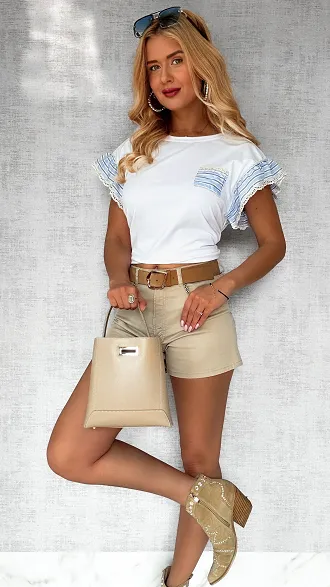 Biała bluzka t-shirt z niebieskimi dodatkami ONE SIZE - P772A