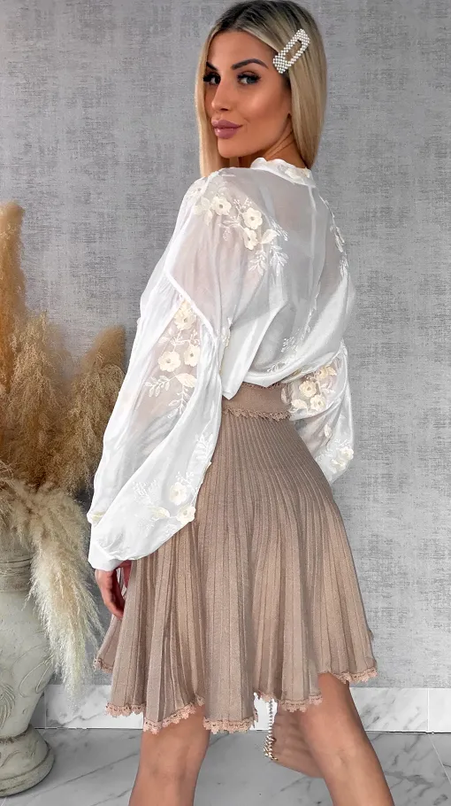 Dzianinowa spódniczka z plisowaniem i koronką BEŻOWA one size - R445