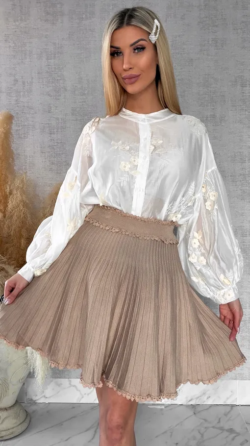 Dzianinowa spódniczka z plisowaniem i koronką BEŻOWA one size - R445