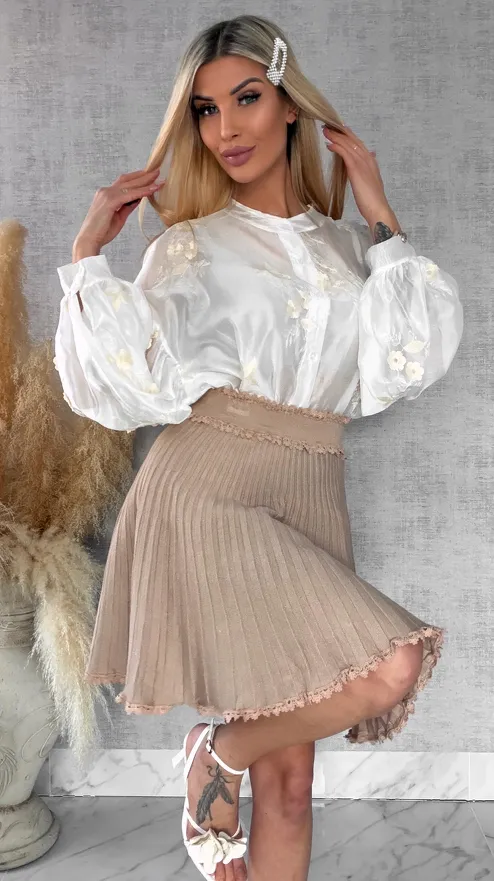 Dzianinowa spódniczka z plisowaniem i koronką BEŻOWA one size - R445