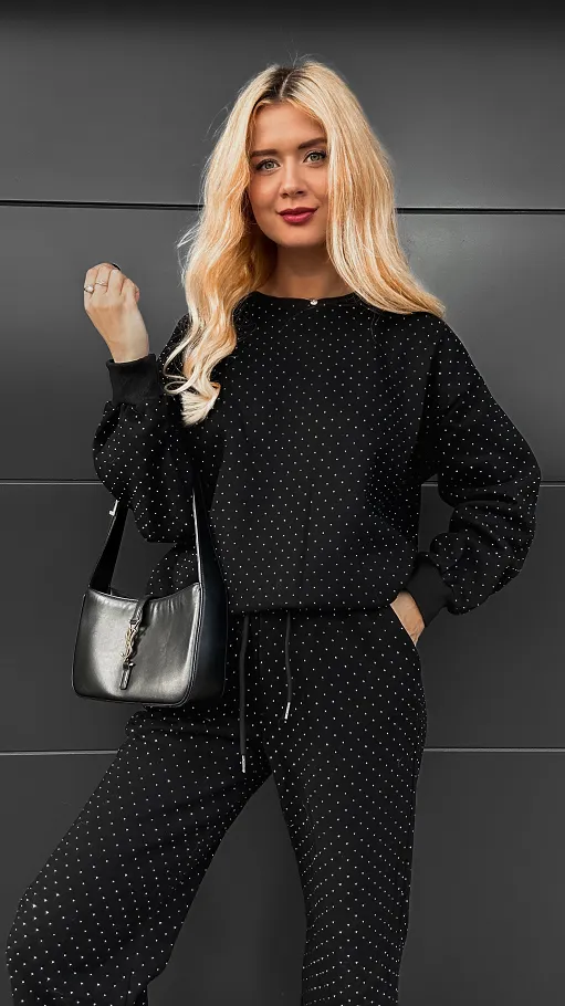 Czarny ocieplany komplet 3 częściowy z bawełny w mini cyrkonie ONE SIZE - R109