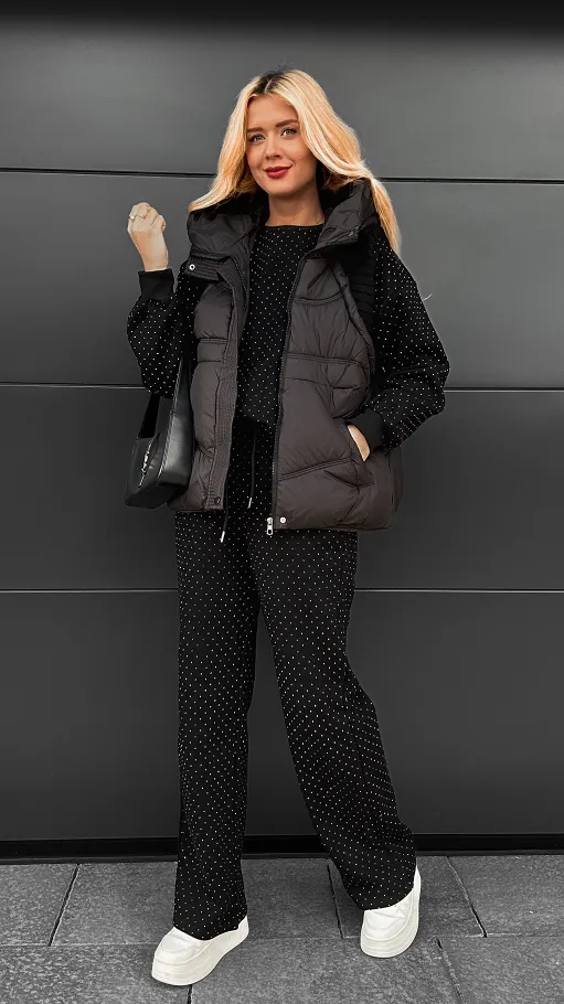 Czarny ocieplany komplet 3 częściowy z bawełny w mini cyrkonie ONE SIZE - R109