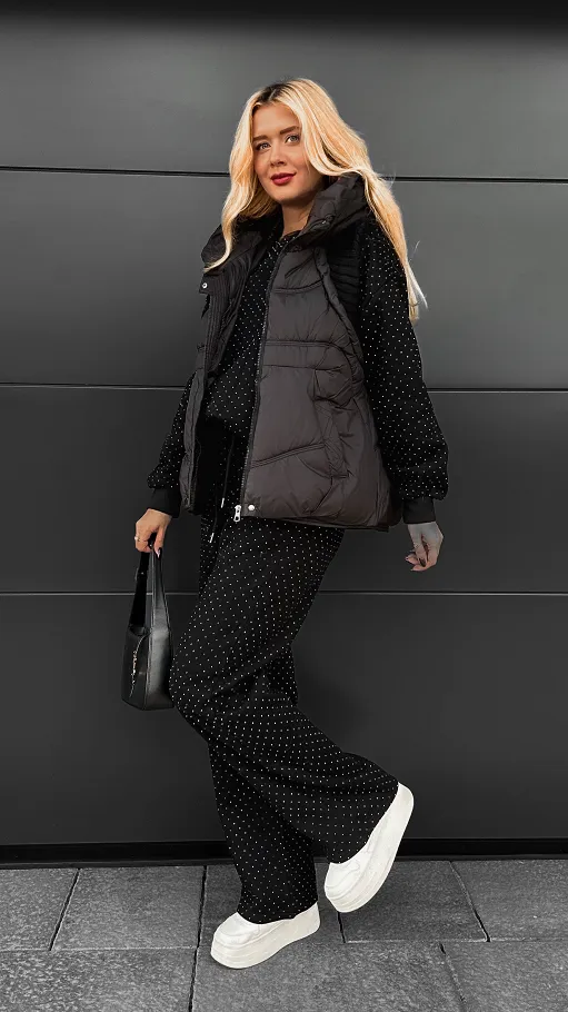 Czarny ocieplany komplet 3 częściowy z bawełny w mini cyrkonie ONE SIZE - R109