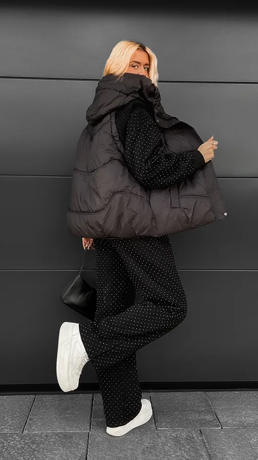 Czarny ocieplany komplet 3 częściowy z bawełny w mini cyrkonie ONE SIZE - R109