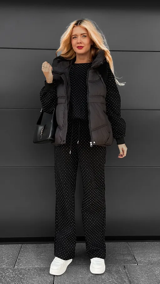 Czarny ocieplany komplet 3 częściowy z bawełny w mini cyrkonie ONE SIZE - R109