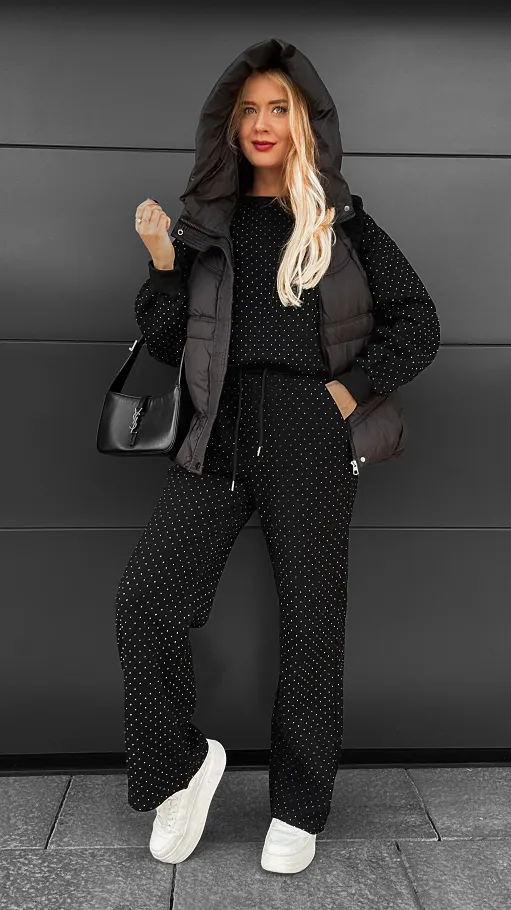 Czarny ocieplany komplet 3 częściowy z bawełny w mini cyrkonie ONE SIZE - R109