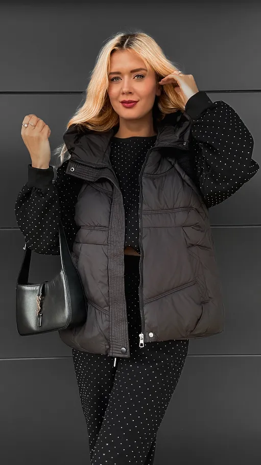 Czarny ocieplany komplet 3 częściowy z bawełny w mini cyrkonie ONE SIZE - R109