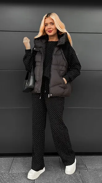 Czarny ocieplany komplet 3 częściowy z bawełny w mini cyrkonie ONE SIZE - R109