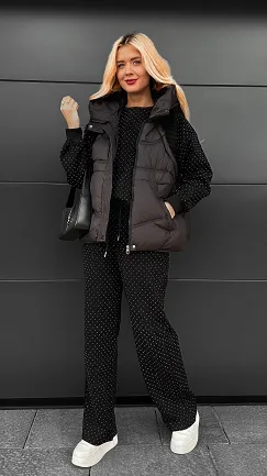 Czarny ocieplany komplet 3 częściowy z bawełny w mini cyrkonie ONE SIZE - R109