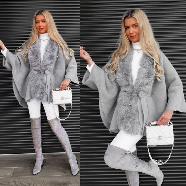 Oryginalne szare ponczo w stylu ALPAKI z futerkiem ONE SIZE - S534A