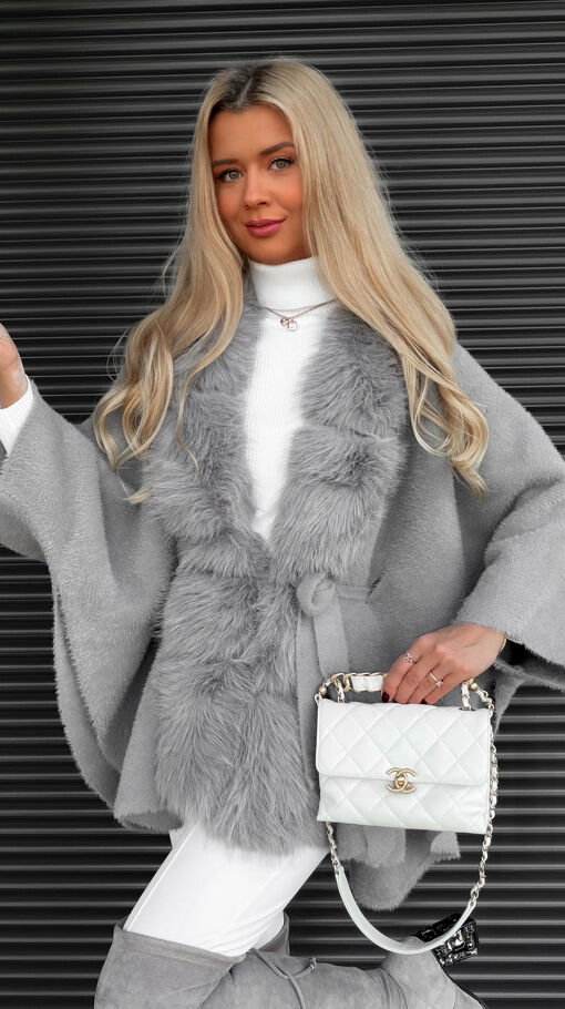 Oryginalne szare ponczo w stylu ALPAKI z futerkiem ONE SIZE - S534A
