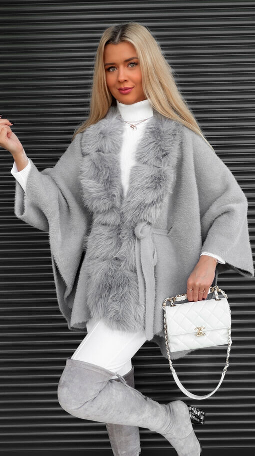 Oryginalne szare ponczo w stylu ALPAKI z futerkiem ONE SIZE - S534A