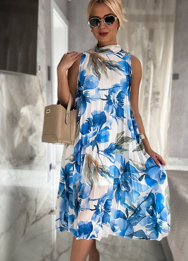 Plisowana sukienka MIDI w kwiatowym wzorze BLUE - N005A