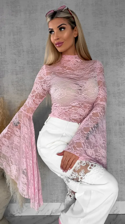 Różowa koronkowa bluzka z modnymi szerokimi rękawami ONE SIZE - R682A