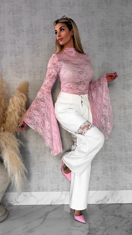 Różowa koronkowa bluzka z modnymi szerokimi rękawami ONE SIZE - R682A