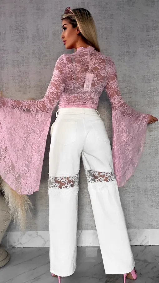 Różowa koronkowa bluzka z modnymi szerokimi rękawami ONE SIZE - R682A