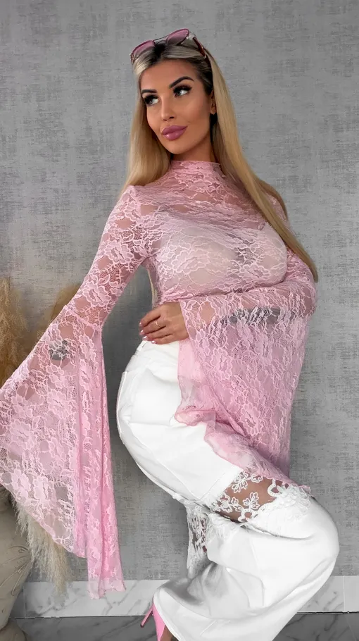Różowa koronkowa bluzka z modnymi szerokimi rękawami ONE SIZE - R682A