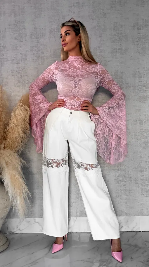 Różowa koronkowa bluzka z modnymi szerokimi rękawami ONE SIZE - R682A