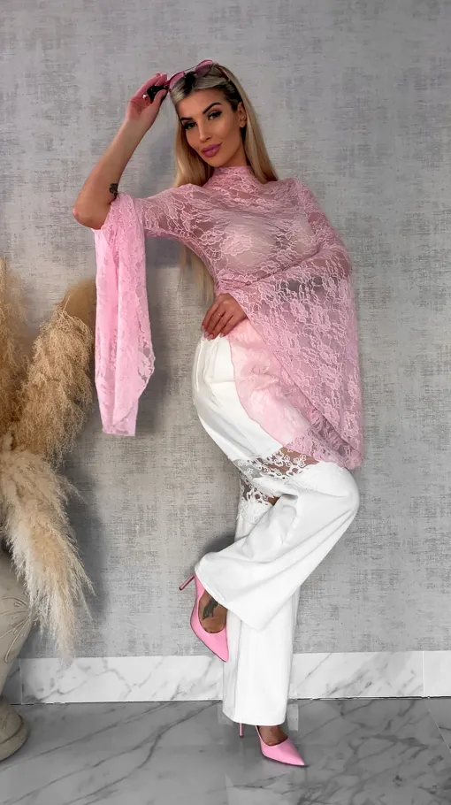 Różowa koronkowa bluzka z modnymi szerokimi rękawami ONE SIZE - R682A