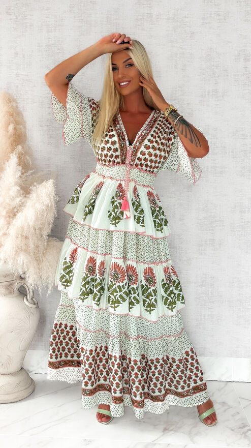 Maxi sukienka na lato w zielono różowe kwiaty 100% bawełna - S219