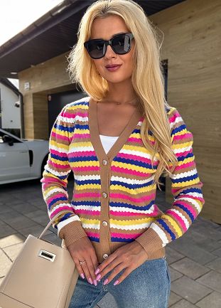 Modny sweter na guziki w kolorowe paski z wiskozą BEŻOWY - M169