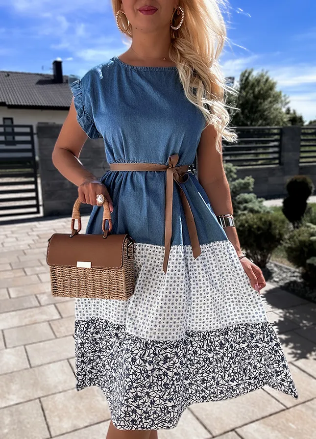 Letnia jeansowa sukienka z wiązaniem w talii z BAWEŁNY - N193