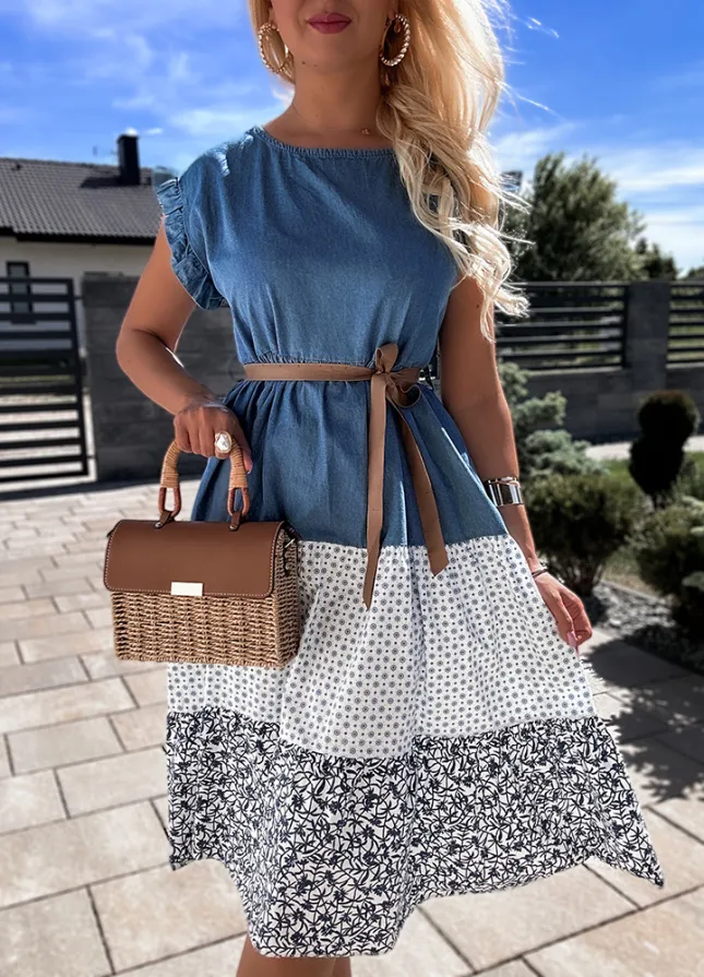 Letnia jeansowa sukienka z wiązaniem w talii z BAWEŁNY - N193