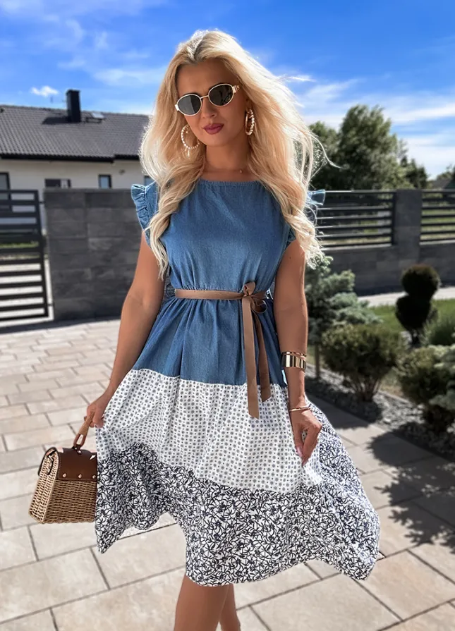 Letnia jeansowa sukienka z wiązaniem w talii z BAWEŁNY - N193