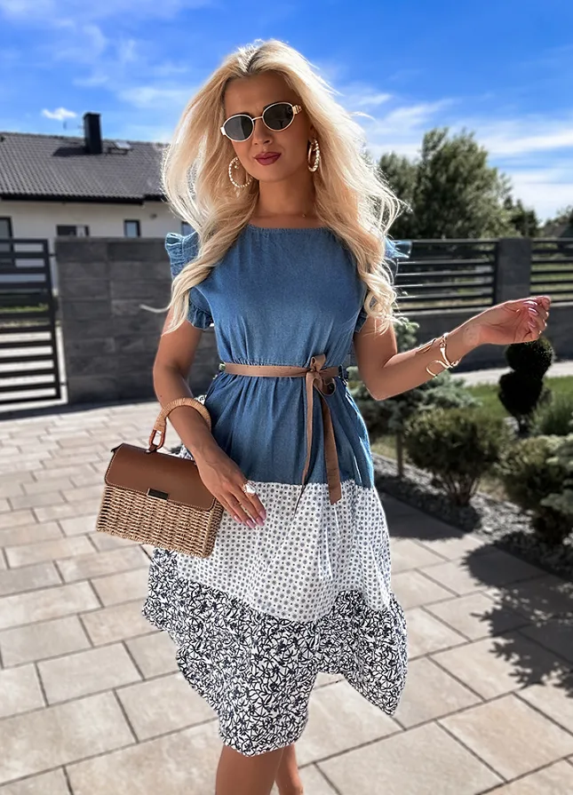 Letnia jeansowa sukienka z wiązaniem w talii z BAWEŁNY - N193