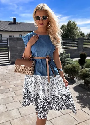 Letnia jeansowa sukienka z wiązaniem w talii z BAWEŁNY - N193