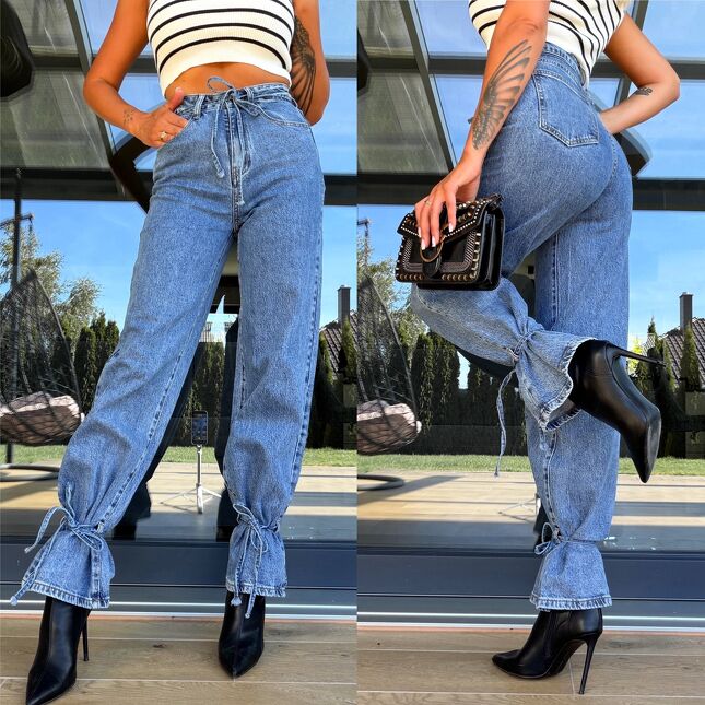 Oryginalne elastyczne spodnie jeansowe WIDE LEG z wiązaniami DENIM JEANS - S257