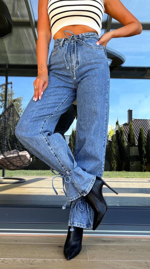 Oryginalne elastyczne spodnie jeansowe WIDE LEG z wiązaniami DENIM JEANS - S257