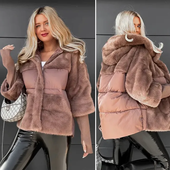 Karmelowa PREMIUM kurtka z futerkiem kapturem i ściągaczami - R013