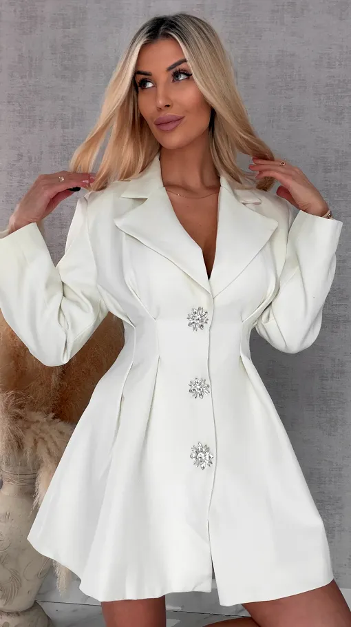 Ekskluzywna sukienka z dużymi ozdobnymi guzikami ZŁAMANA BIEL - R736