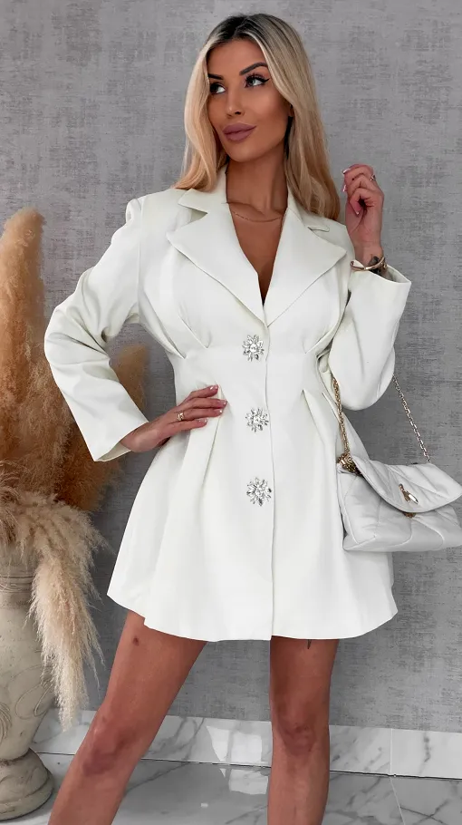 Ekskluzywna sukienka z dużymi ozdobnymi guzikami ZŁAMANA BIEL - R736