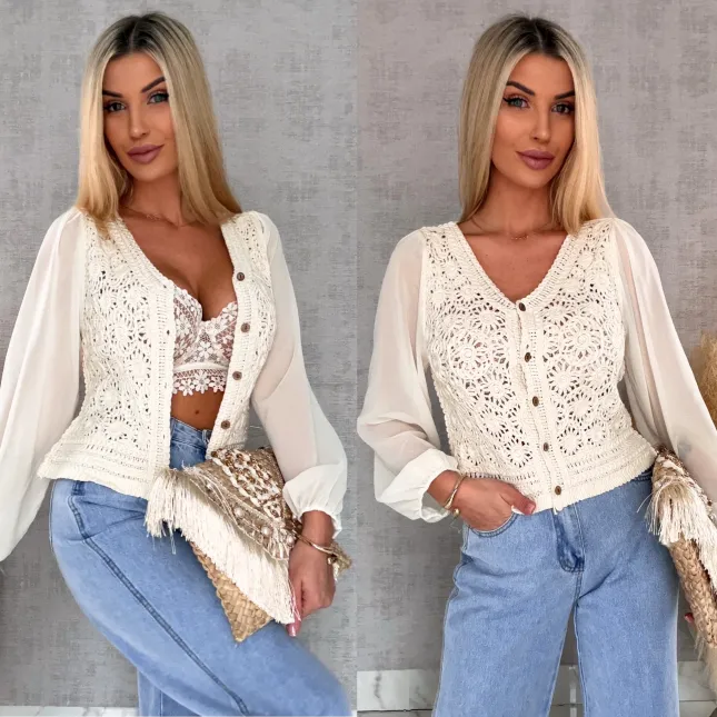 Ażurowa szydełkowa bluzka zapinany na guziki ONE SIZE ecru - R687