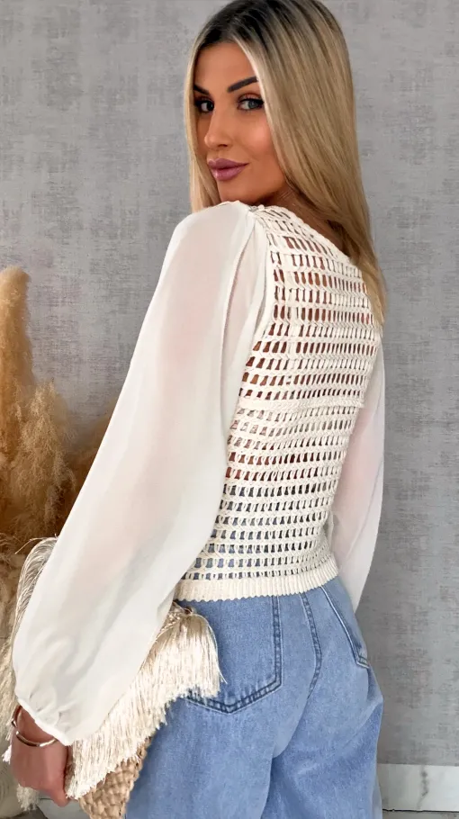 Ażurowa szydełkowa bluzka zapinany na guziki ONE SIZE ecru - R687