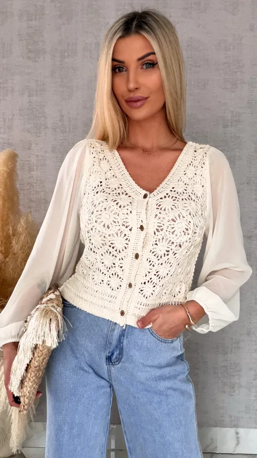 Ażurowa szydełkowa bluzka zapinany na guziki ONE SIZE ecru - R687