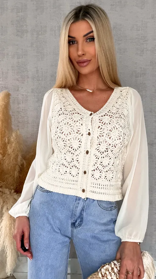 Ażurowa szydełkowa bluzka zapinany na guziki ONE SIZE ecru - R687