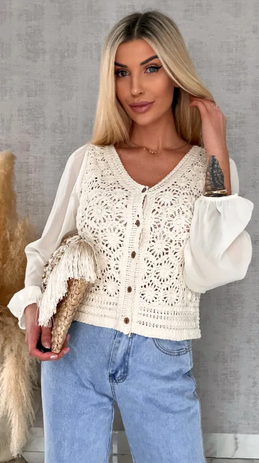 Ażurowa szydełkowa bluzka zapinany na guziki ONE SIZE ecru - R687