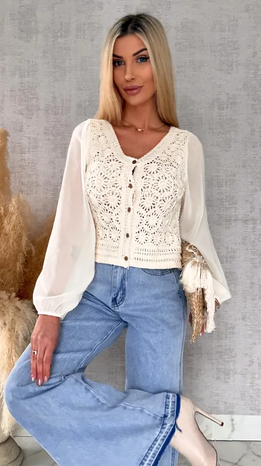 Ażurowa szydełkowa bluzka zapinany na guziki ONE SIZE ecru - R687