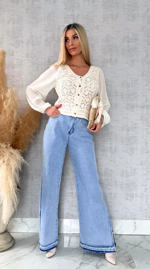 Ażurowa szydełkowa bluzka zapinany na guziki ONE SIZE ecru - R687