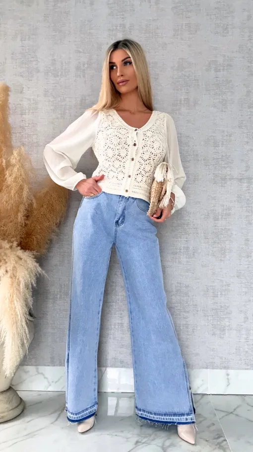 Ażurowa szydełkowa bluzka zapinany na guziki ONE SIZE ecru - R687