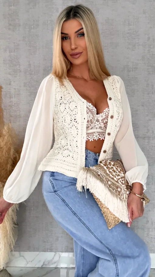 Ażurowa szydełkowa bluzka zapinany na guziki ONE SIZE ecru - R687