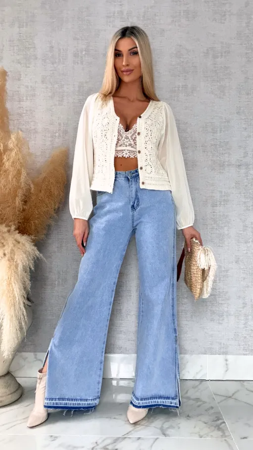 Ażurowa szydełkowa bluzka zapinany na guziki ONE SIZE ecru - R687