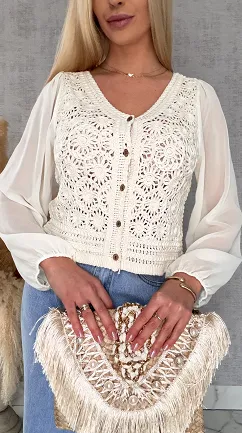 Ażurowa szydełkowa bluzka zapinany na guziki ONE SIZE ecru - R687