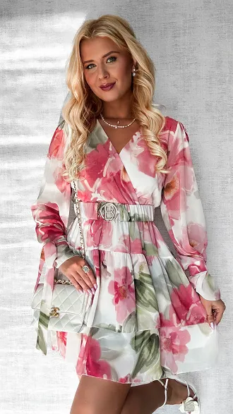 Sukienka w malowane kwiaty z elastycznym paskiem ONE SIZE pudrowy róż - P507C