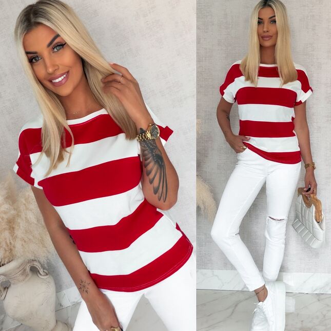Bawełniana bluzka T-SHIRT w czerwone pasy ONE SIZE - S088